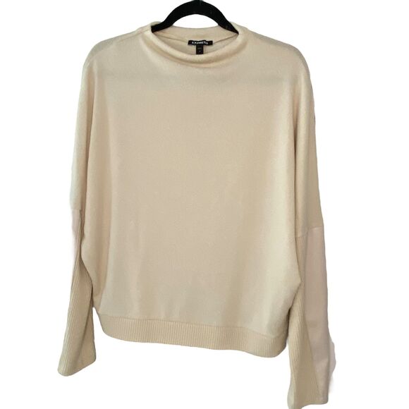 Express Women Cozy Mock Neck Faux Leather Long Sleeves Cream Sweater Medium - Picture 1 of 11